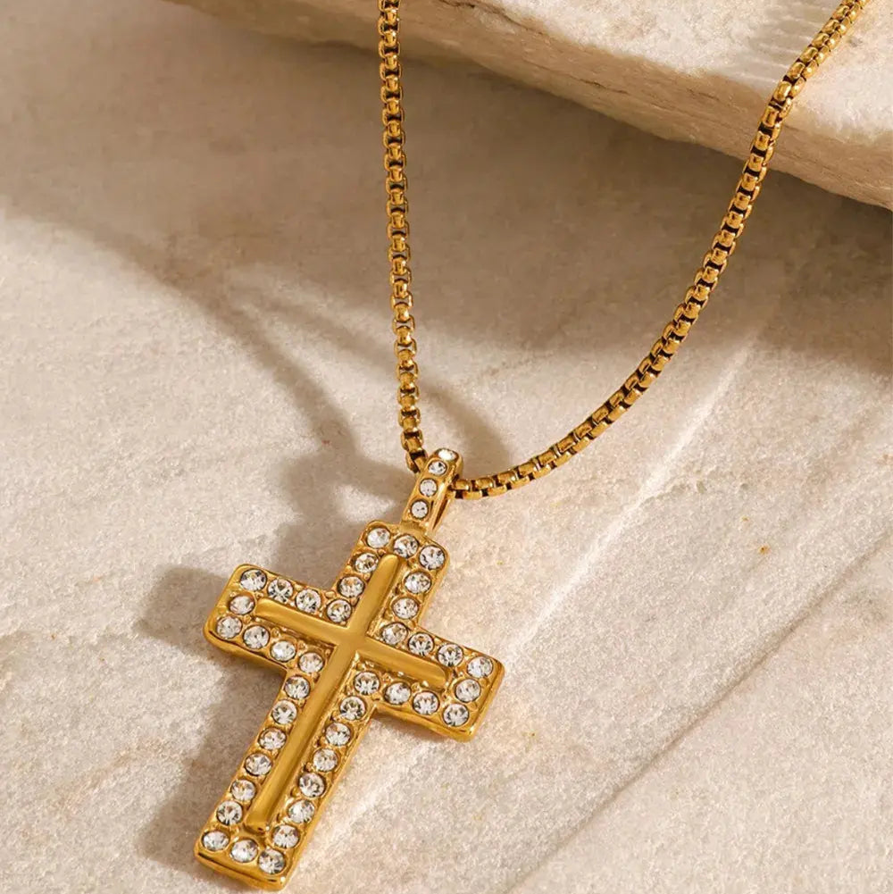 18K Gold-Plated Inlaid Zircon Cross Necklace Trendsi