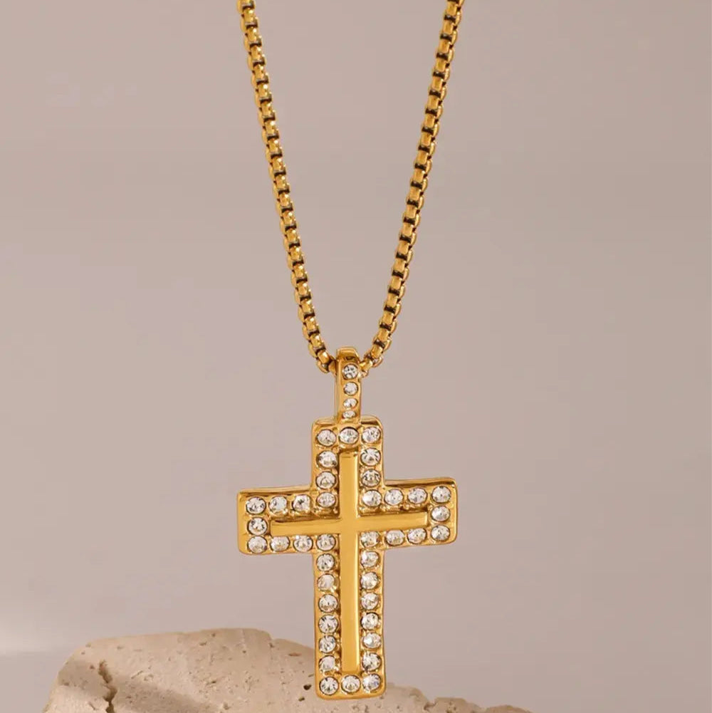 18K Gold-Plated Inlaid Zircon Cross Necklace Trendsi
