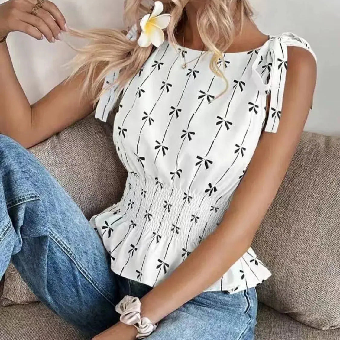 Bow Print Tie Shoulder Tank Trendsi