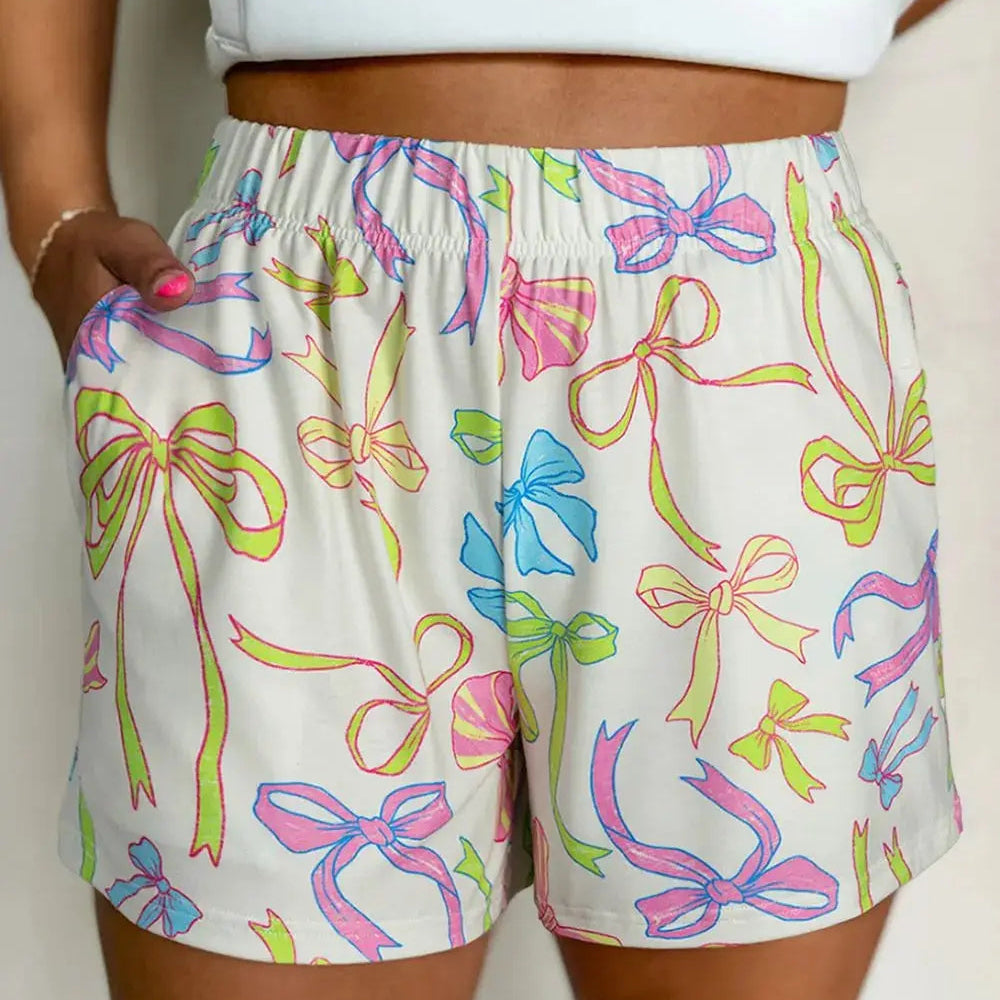Cheerful Bow Print Elastic Pull On Casual Shorts Trendsi