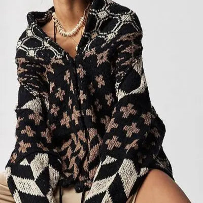 Collared Neck Long Sleeve Cardigan Trendsi