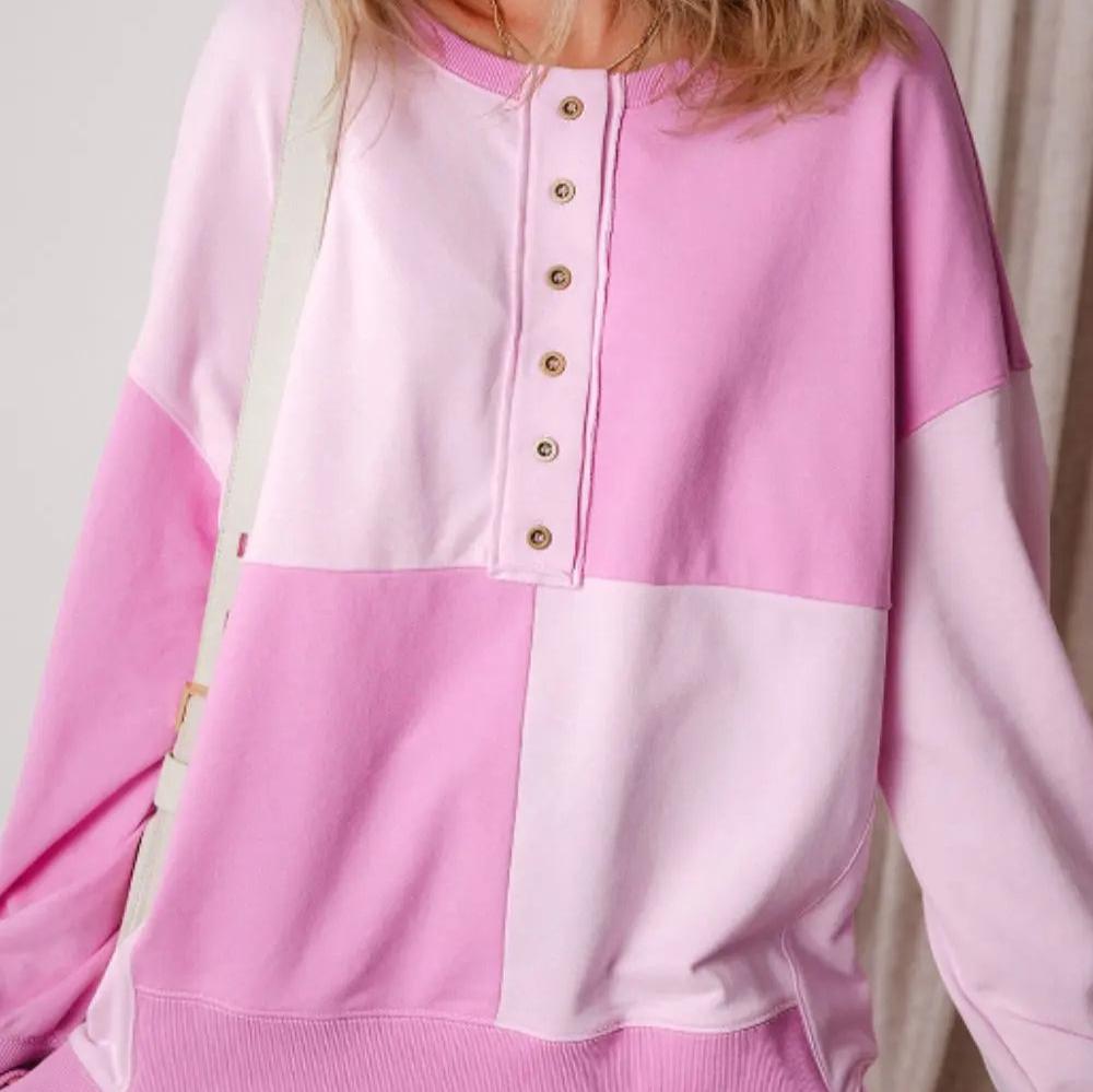 Color Block Half Button Long Sleeve Sweatshirt Trendsi