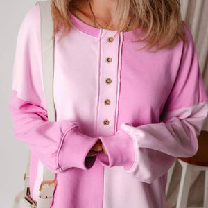 Color Block Half Button Long Sleeve Sweatshirt Trendsi