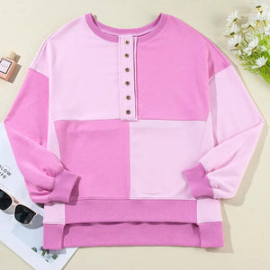 Color Block Half Button Long Sleeve Sweatshirt Trendsi