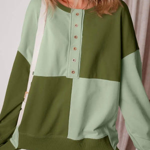 Color Block Half Button Long Sleeve Sweatshirt Trendsi