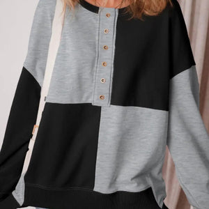 Color Block Half Button Long Sleeve Sweatshirt Trendsi