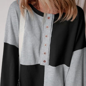 Color Block Half Button Long Sleeve Sweatshirt Trendsi