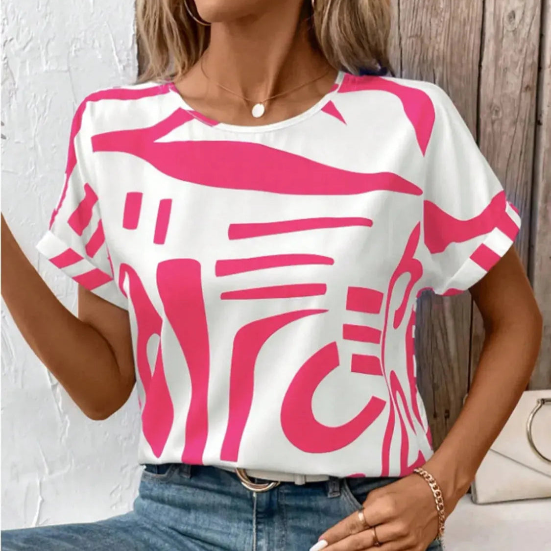 Contrast Round Neck Short Sleeve Blouse Trendsi