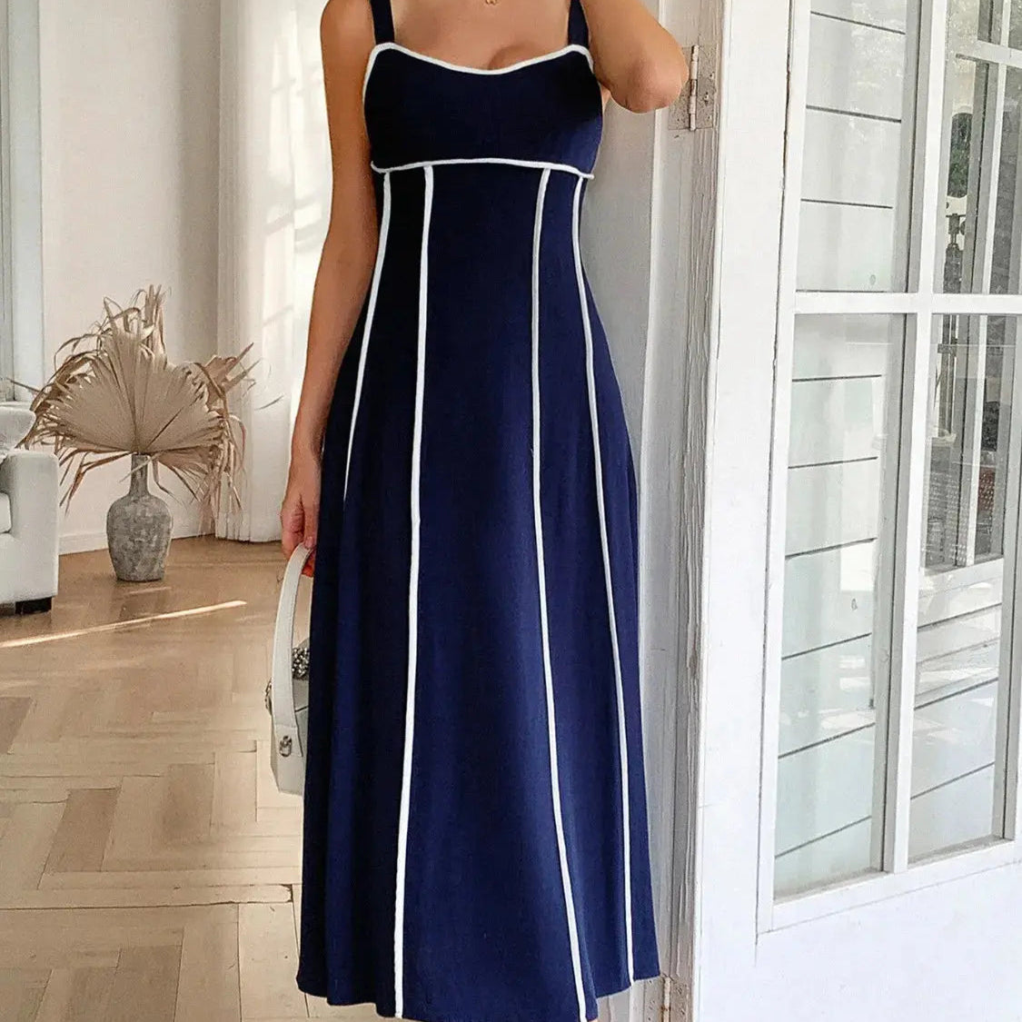 Contrast Wide Strap Midi Cami Dress Trendsi