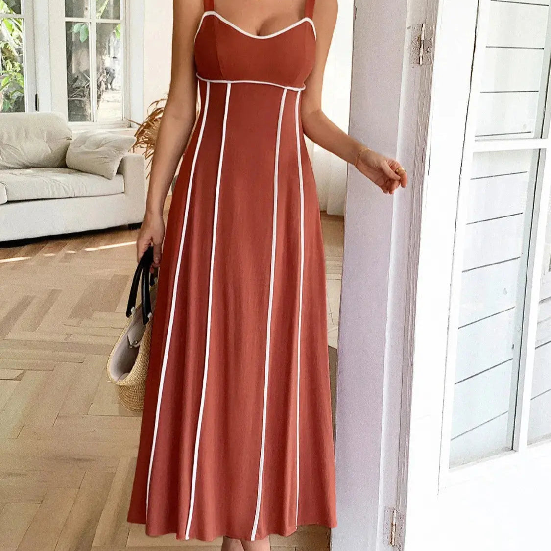 Contrast Wide Strap Midi Cami Dress Trendsi