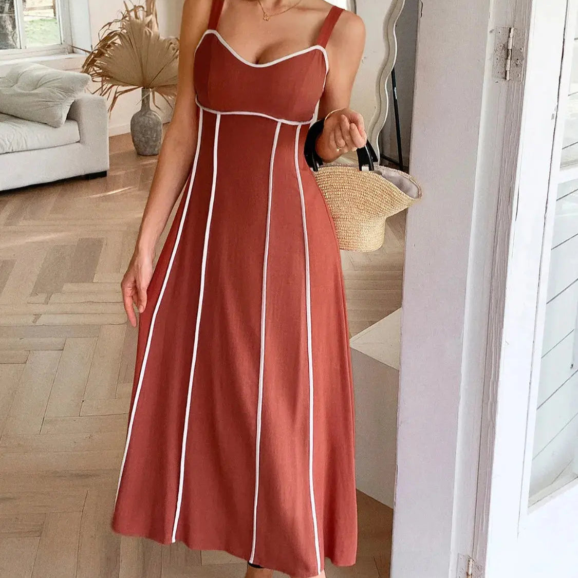 Contrast Wide Strap Midi Cami Dress Trendsi