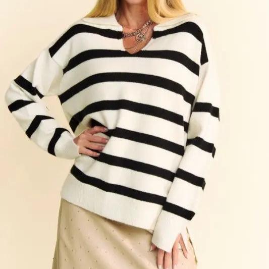 Davi & Dani High-Low Side Slit Striped Johnny Collar Sweater Trendsi