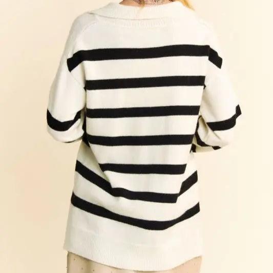 Davi & Dani High-Low Side Slit Striped Johnny Collar Sweater Trendsi