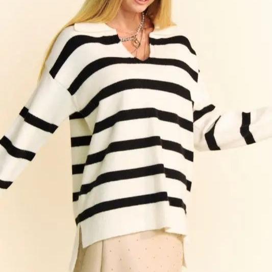 Davi & Dani High-Low Side Slit Striped Johnny Collar Sweater Trendsi