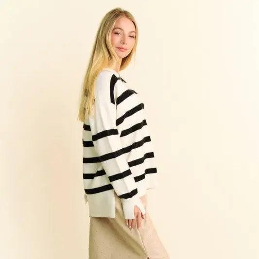 Davi & Dani High-Low Side Slit Striped Johnny Collar Sweater Trendsi