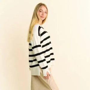 Davi & Dani High-Low Side Slit Striped Johnny Collar Sweater Trendsi