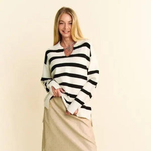 Davi & Dani High-Low Side Slit Striped Johnny Collar Sweater Trendsi