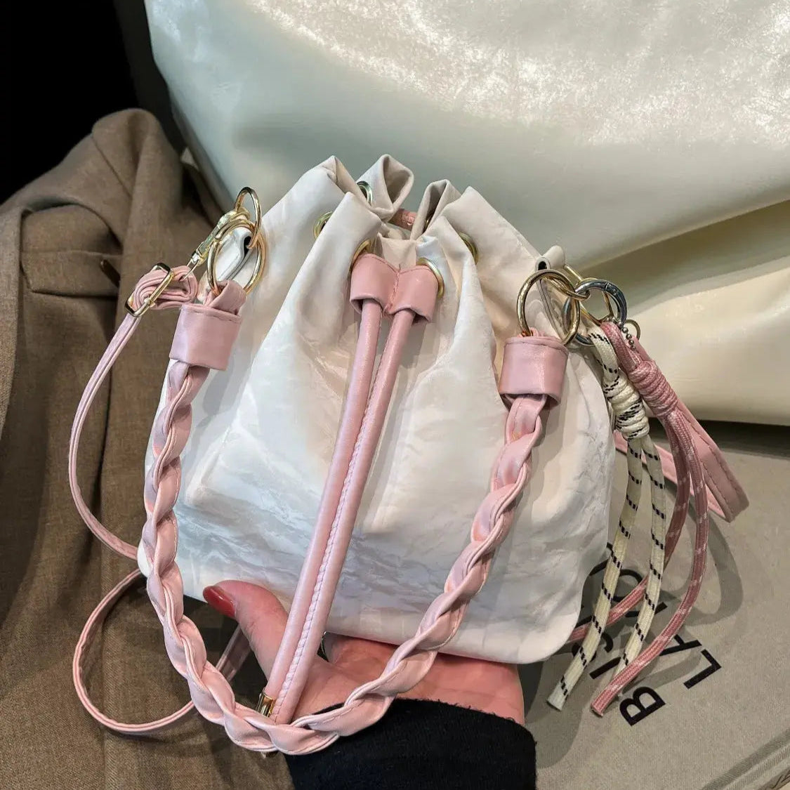 Drawstring PU Leather Bucket Bag Trendsi