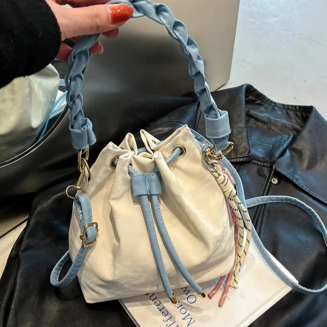 Drawstring PU Leather Bucket Bag Trendsi