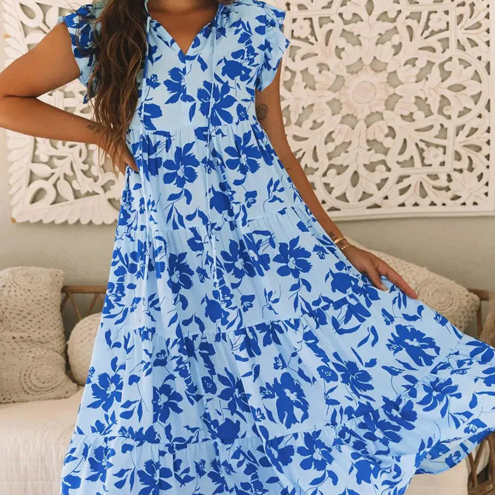 Floral Print Tiered Frilled Trim Flutter Sleeve Dress Trendsi