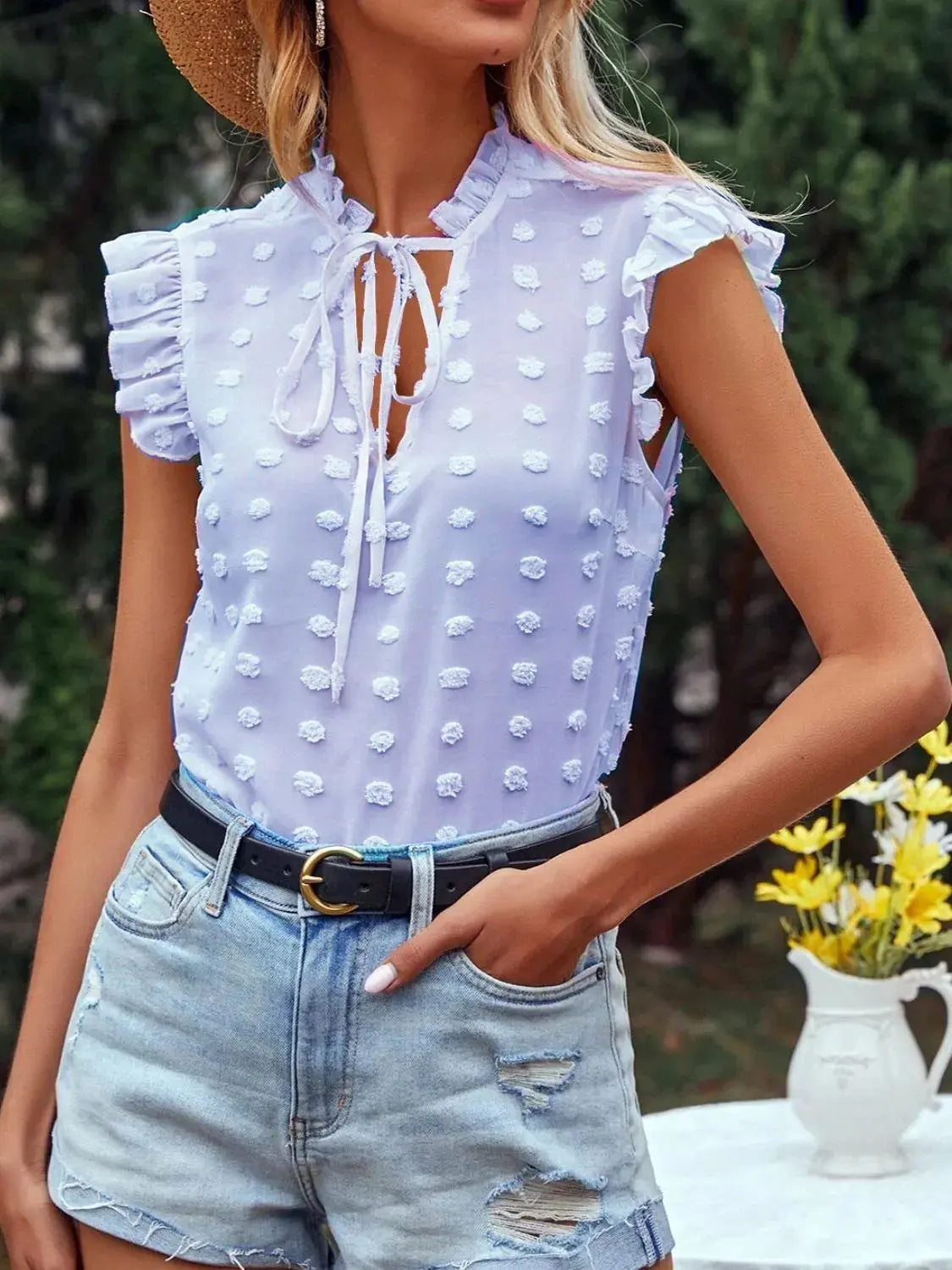 Frill Tie Neck Cap Sleeve Blouse Trendsi