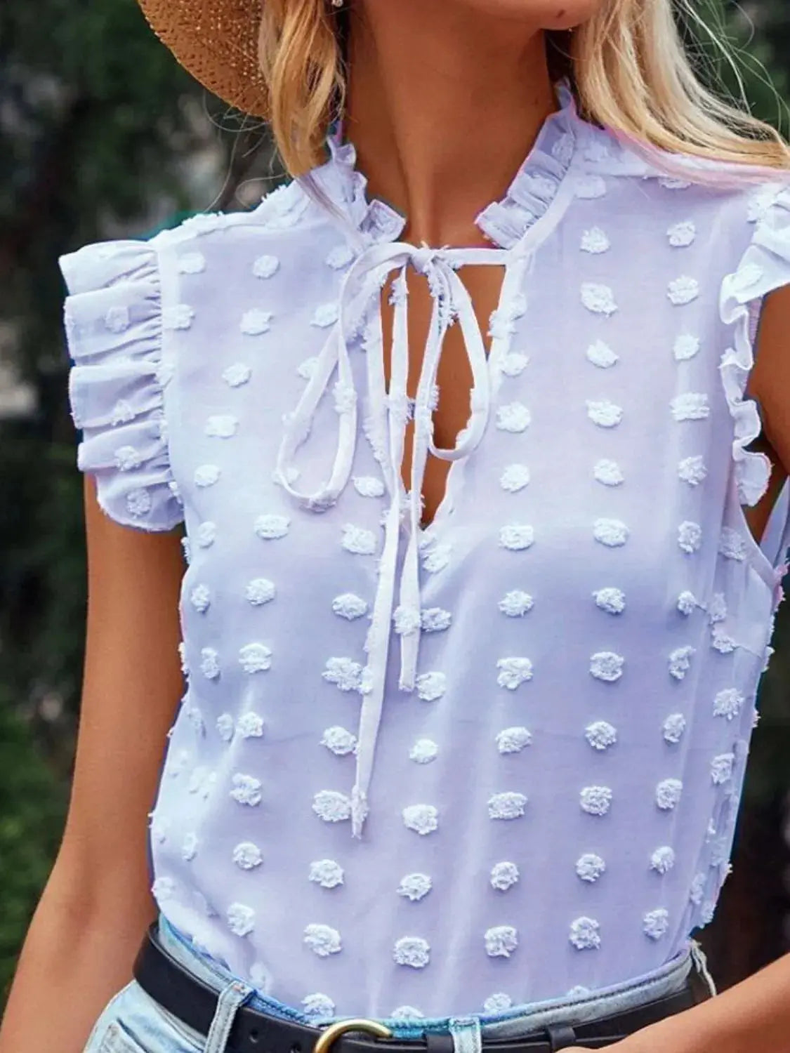 Frill Tie Neck Cap Sleeve Blouse Trendsi