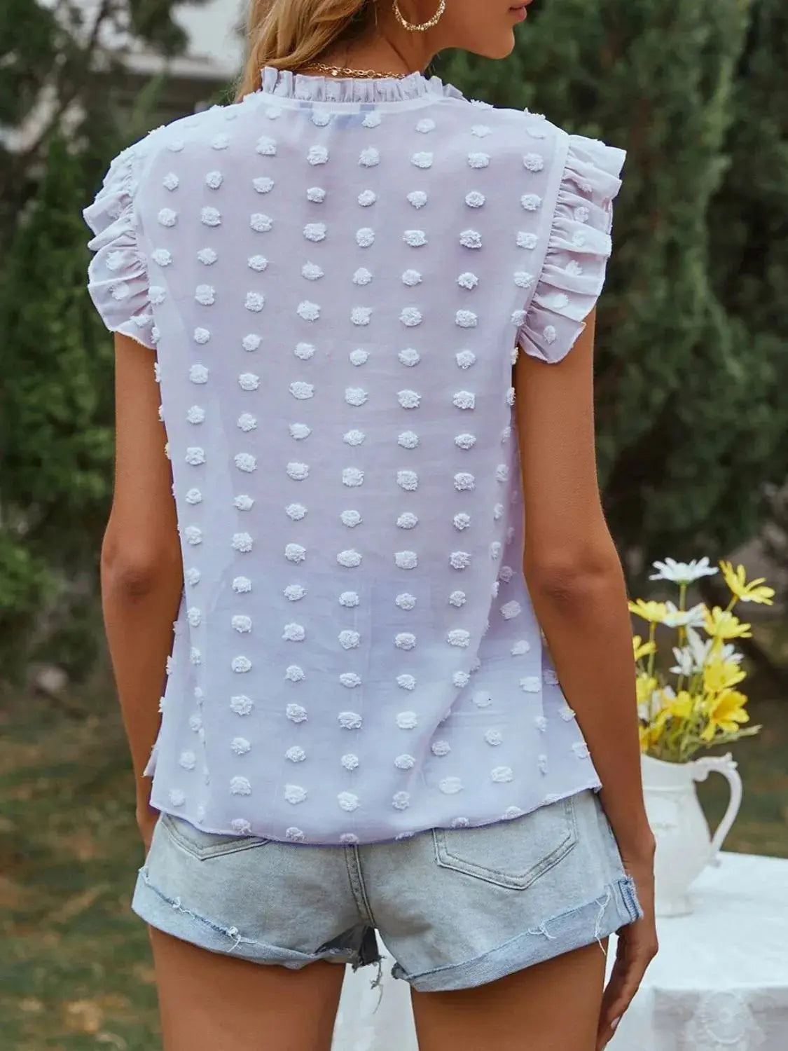 Frill Tie Neck Cap Sleeve Blouse Trendsi