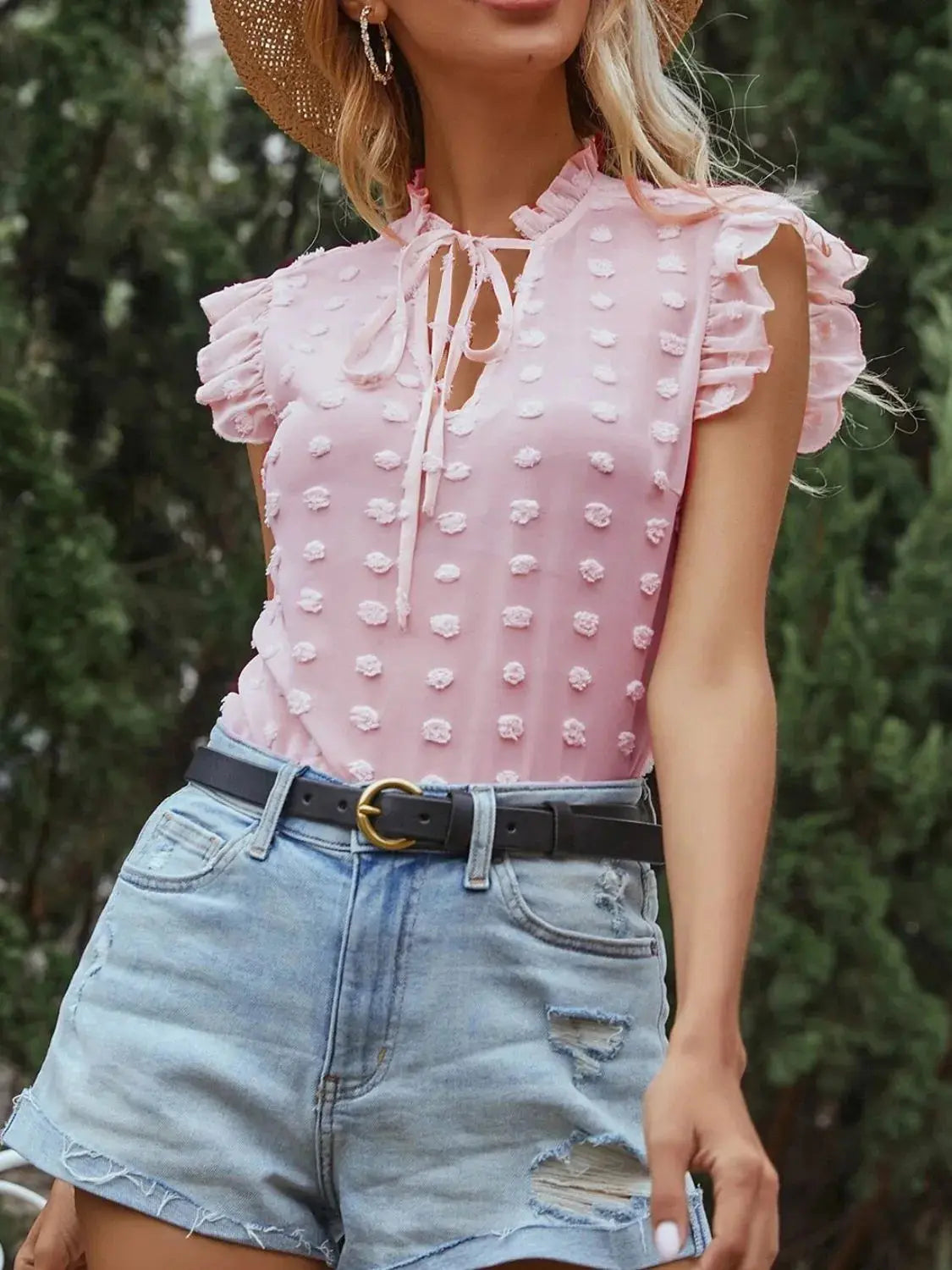 Frill Tie Neck Cap Sleeve Blouse Trendsi