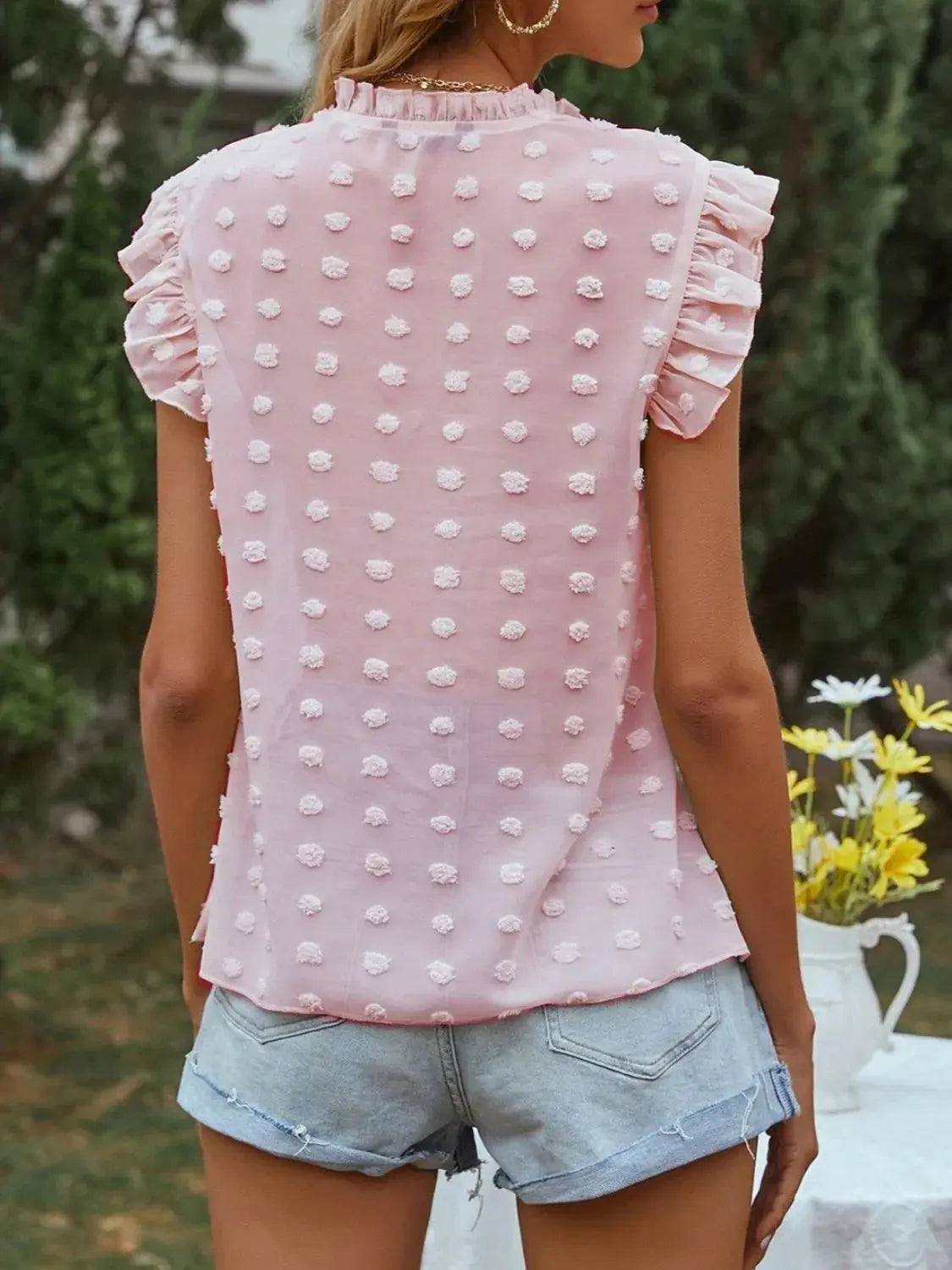 Frill Tie Neck Cap Sleeve Blouse Trendsi