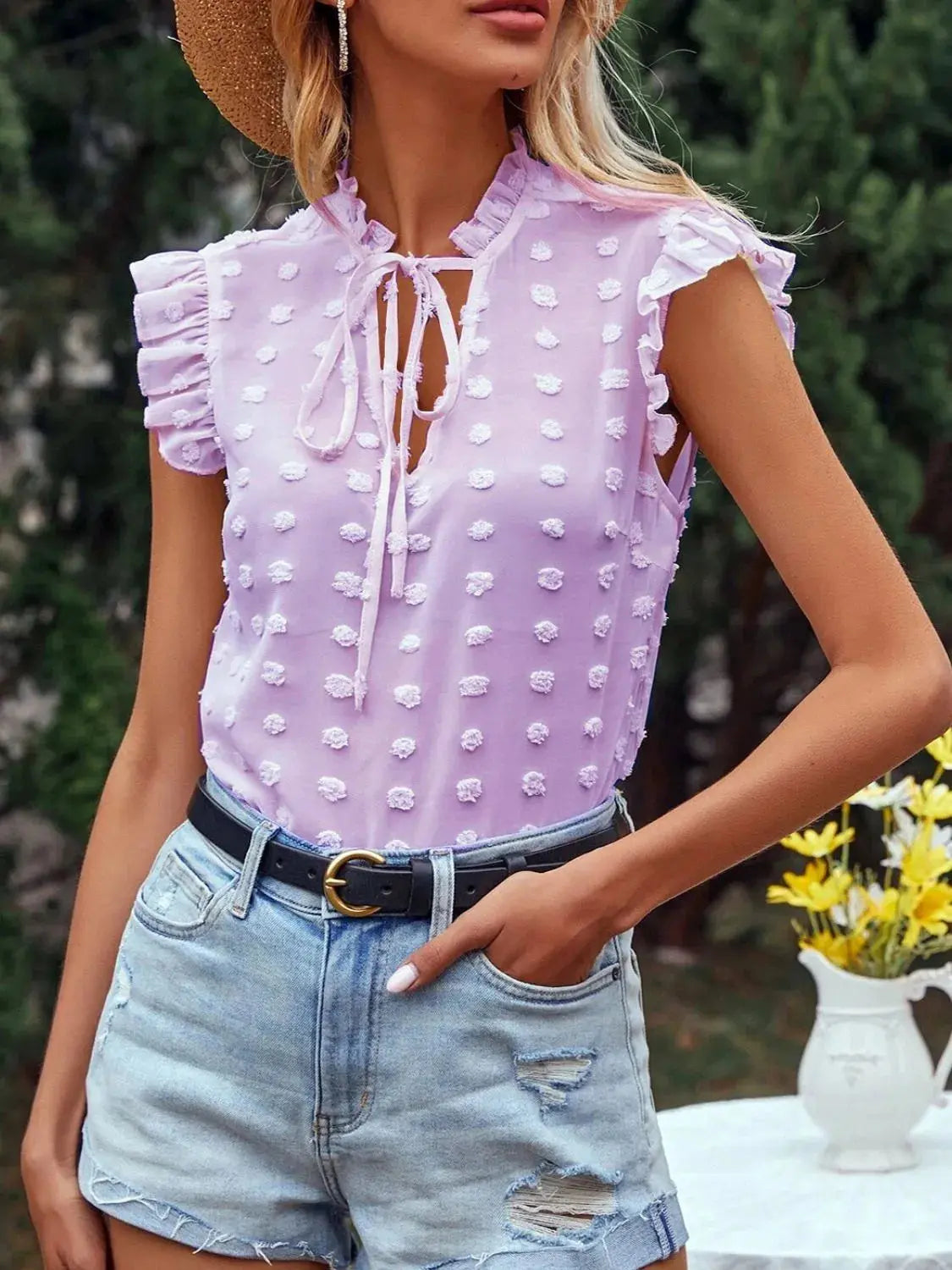 Frill Tie Neck Cap Sleeve Blouse Trendsi