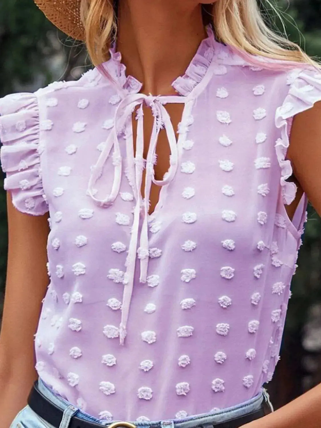 Frill Tie Neck Cap Sleeve Blouse Trendsi