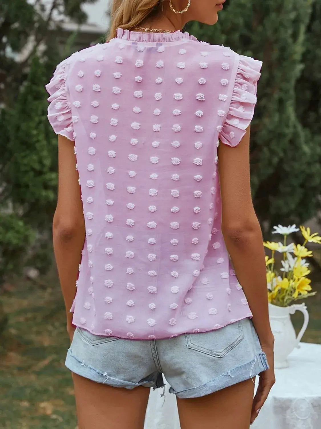 Frill Tie Neck Cap Sleeve Blouse Trendsi