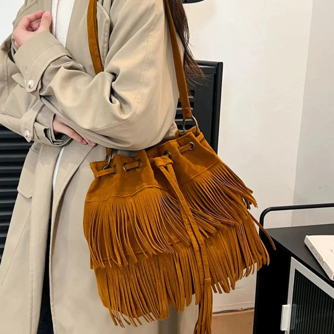 Fringe Drawstring Shoulder Bag Trendsi