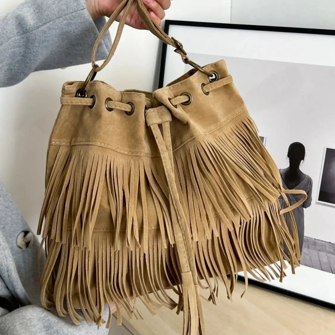 Fringe Drawstring Shoulder Bag Trendsi