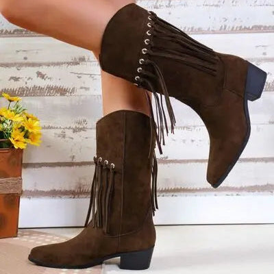 Fringe Suede Point Toe Block Heel Boots Trendsi