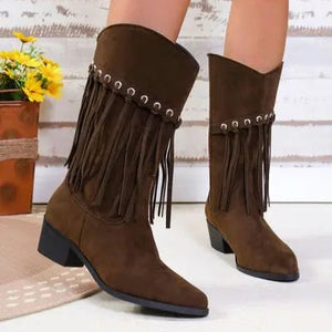 Fringe Suede Point Toe Block Heel Boots Trendsi