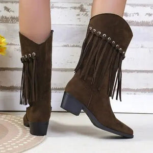 Fringe Suede Point Toe Block Heel Boots Trendsi