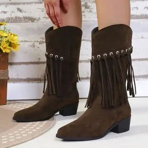 Fringe Suede Point Toe Block Heel Boots Trendsi