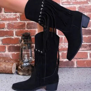 Fringe Suede Point Toe Block Heel Boots Trendsi