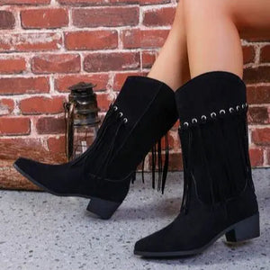 Fringe Suede Point Toe Block Heel Boots Trendsi