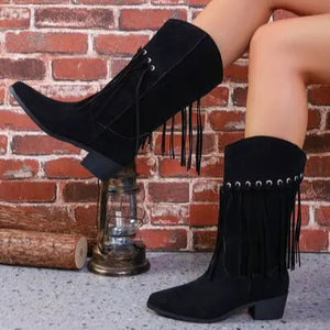 Fringe Suede Point Toe Block Heel Boots Trendsi