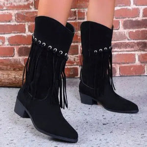 Fringe Suede Point Toe Block Heel Boots Trendsi