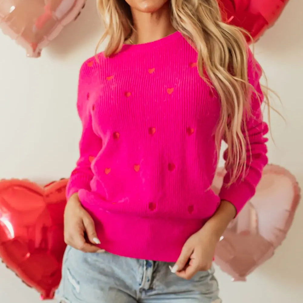 Heart Round Neck Long Sleeve Sweater Trendsi