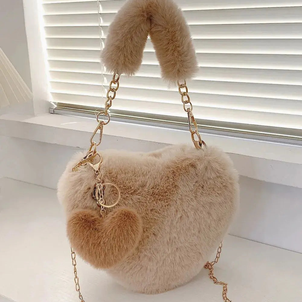 Heart Shape Faux Fur Handbag Trendsi