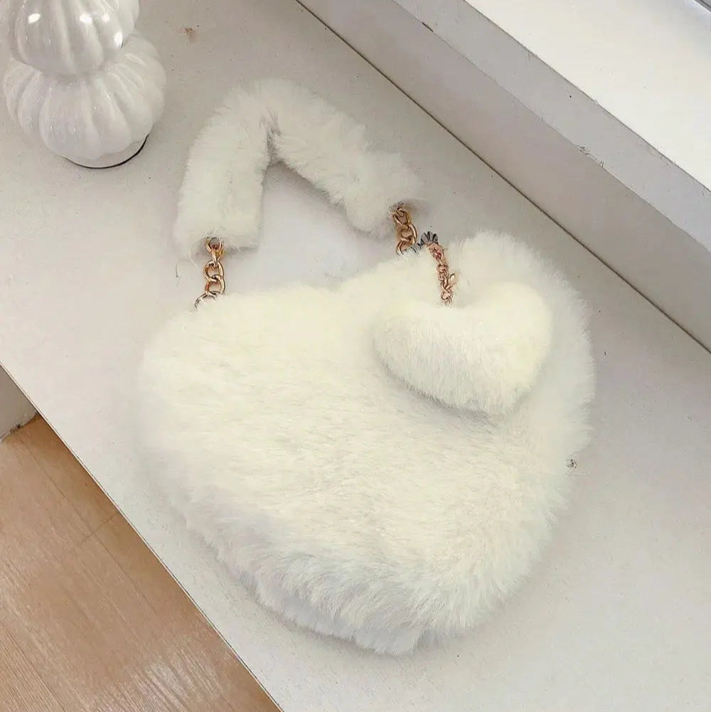 Heart Shape Faux Fur Handbag Trendsi
