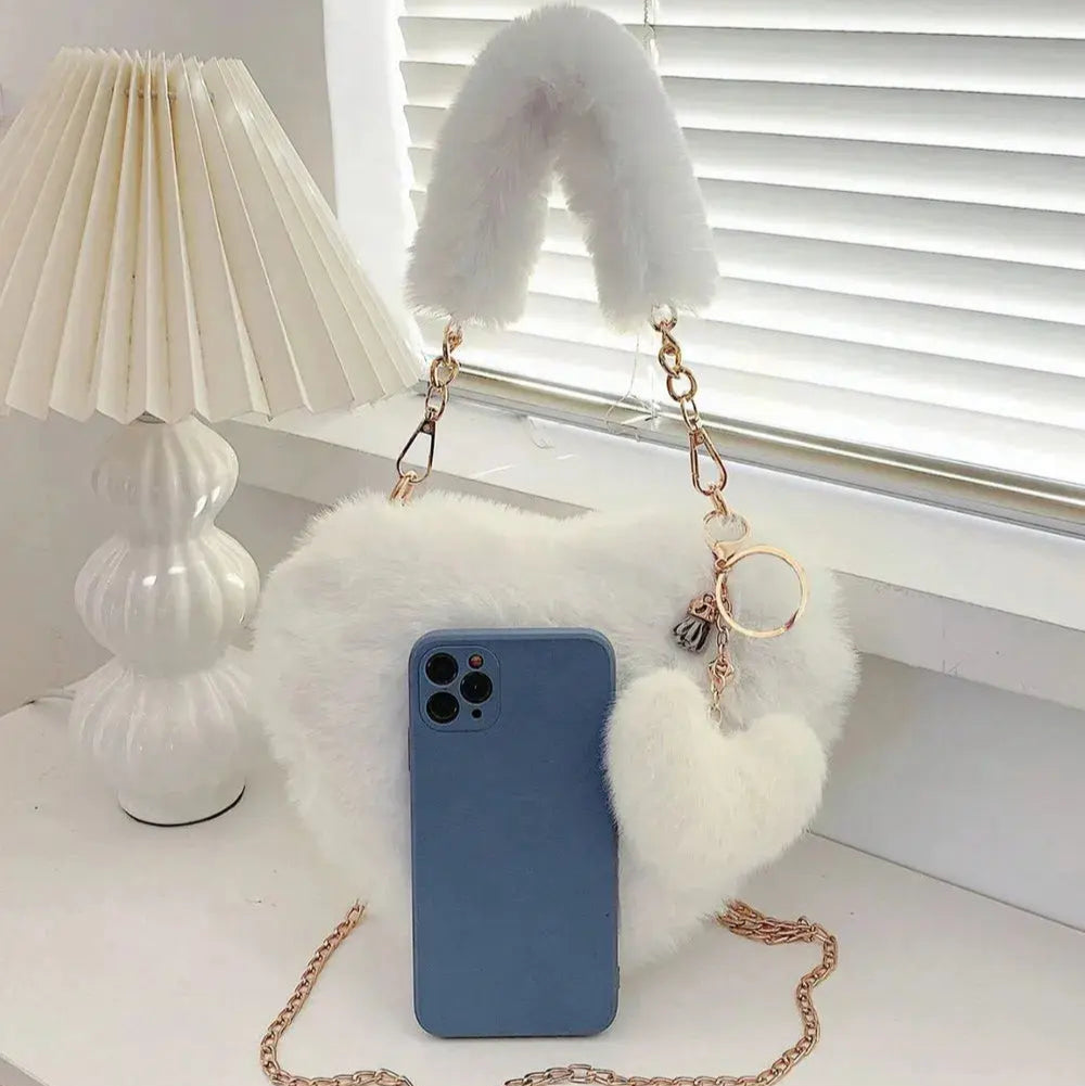 Heart Shape Faux Fur Handbag Trendsi