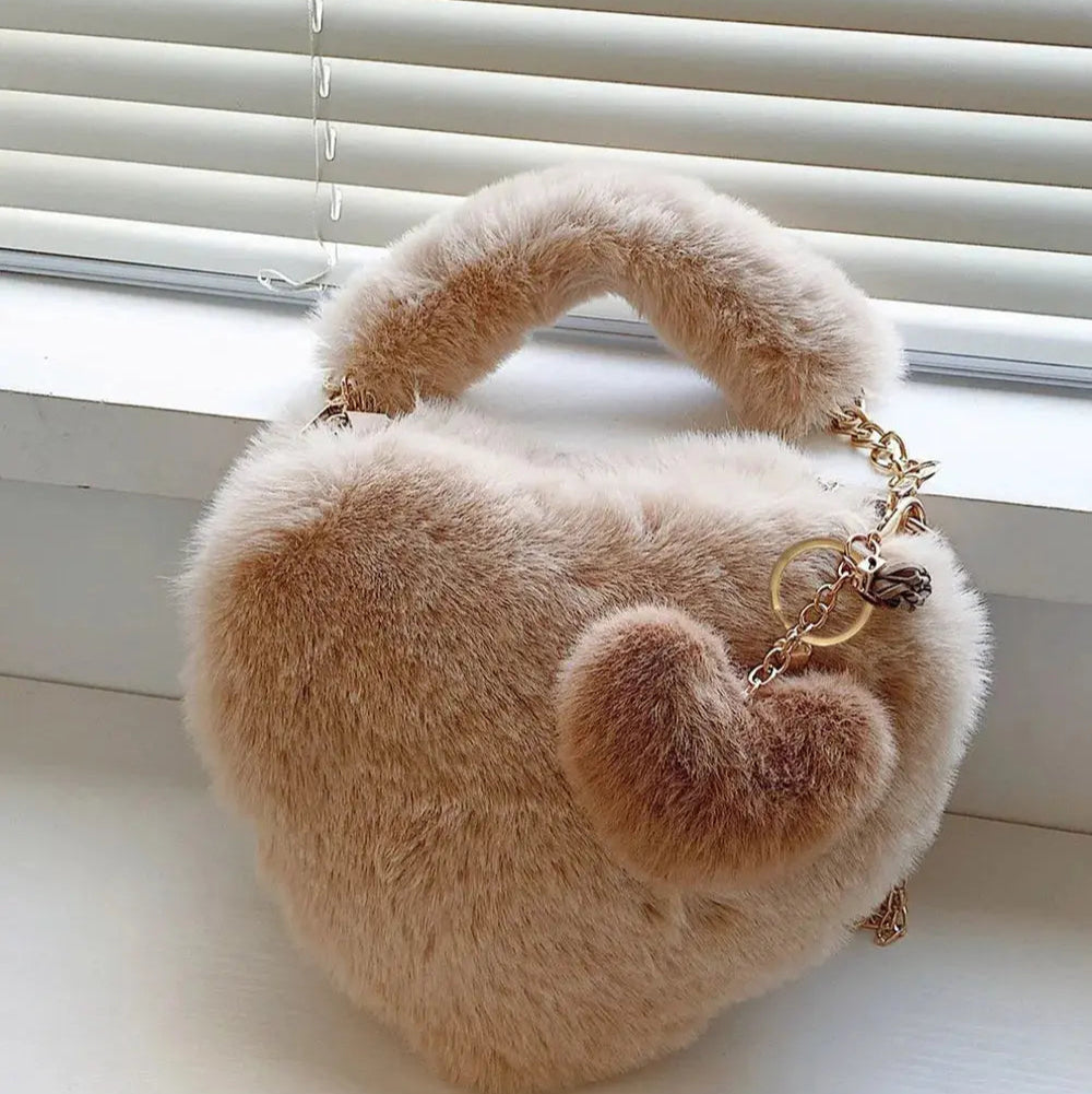 Heart Shape Faux Fur Handbag Trendsi