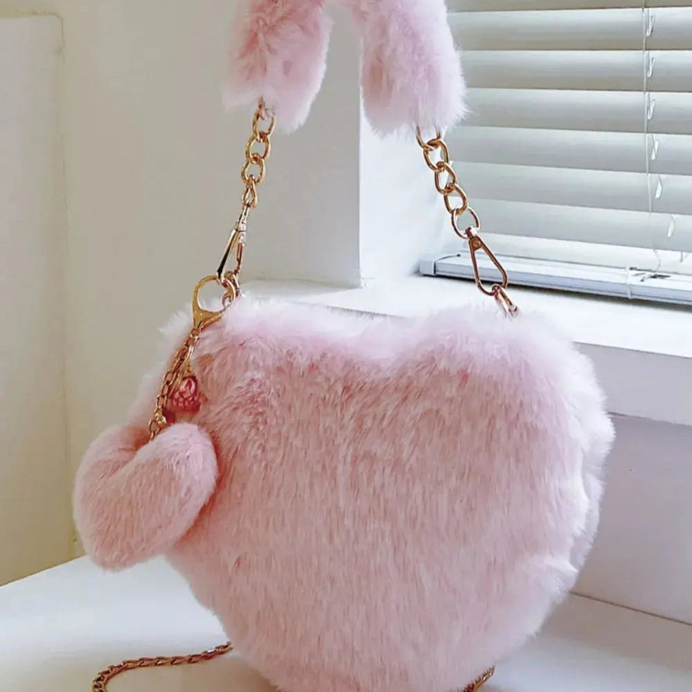 Heart Shape Faux Fur Handbag Trendsi