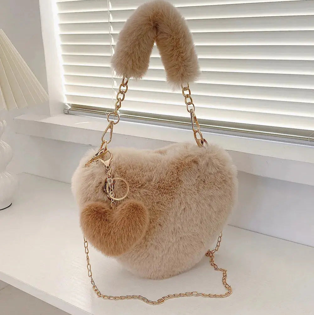 Heart Shape Faux Fur Handbag Trendsi
