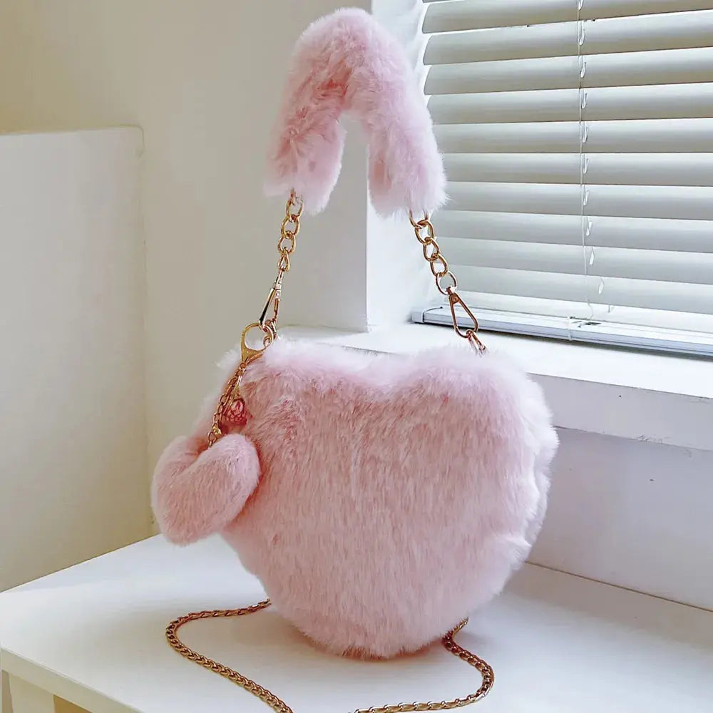 Heart Shape Faux Fur Handbag Trendsi